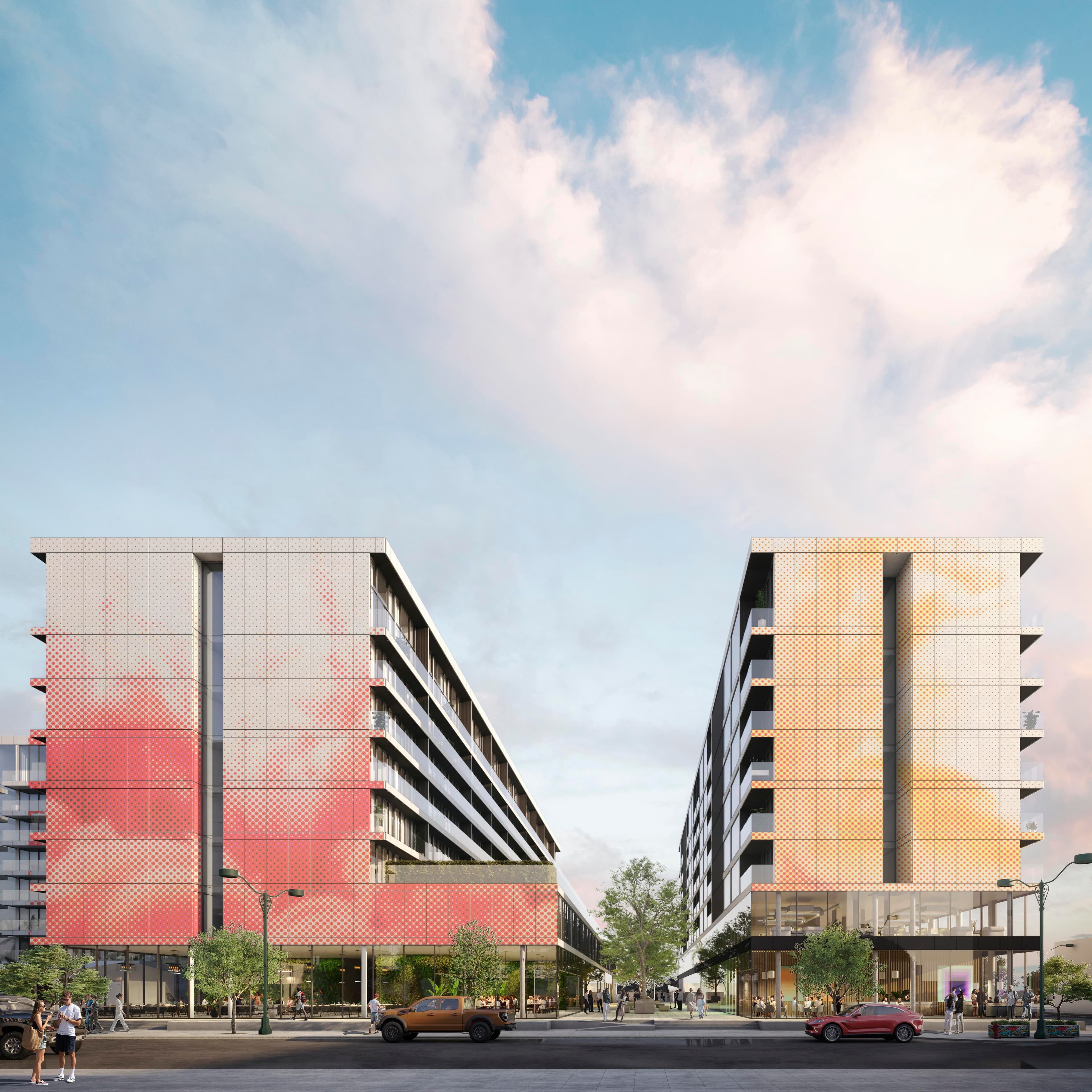 Street-level storefronts and mural facades in Midtown Las Vegas