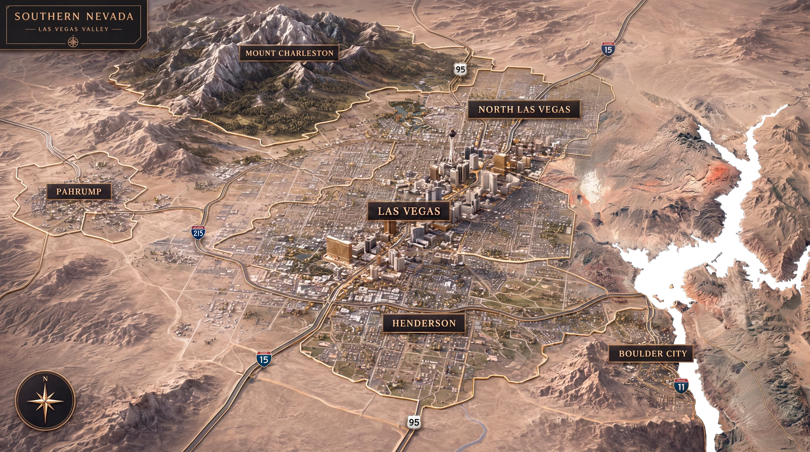 Illustrated map of the Southern Nevada valley showing Las Vegas, Henderson, Boulder City, North Las Vegas, Mount Charleston, and Pahrump